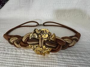 Vintage Leather Shop Braided Cord Belt Gold Leaf Buckle Metallic Rope Small Boho